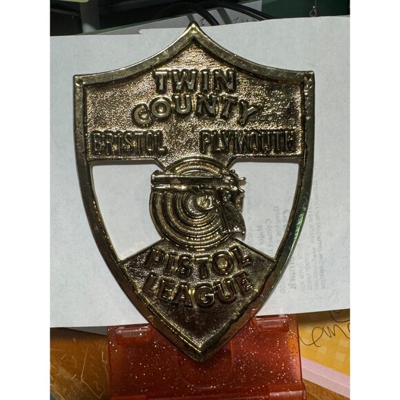 Badge / Trophy Twin County Bristol Plymouth Pistol League Metal Gold in color - Picture 1 of 9